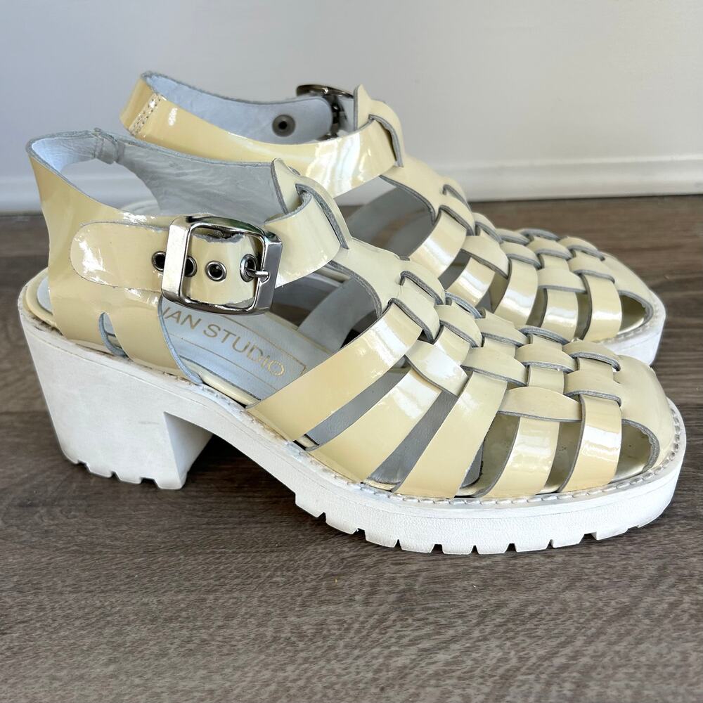 Kelian Studio Woven Patent Leather Platform Sandals Cream White Buckle Strap